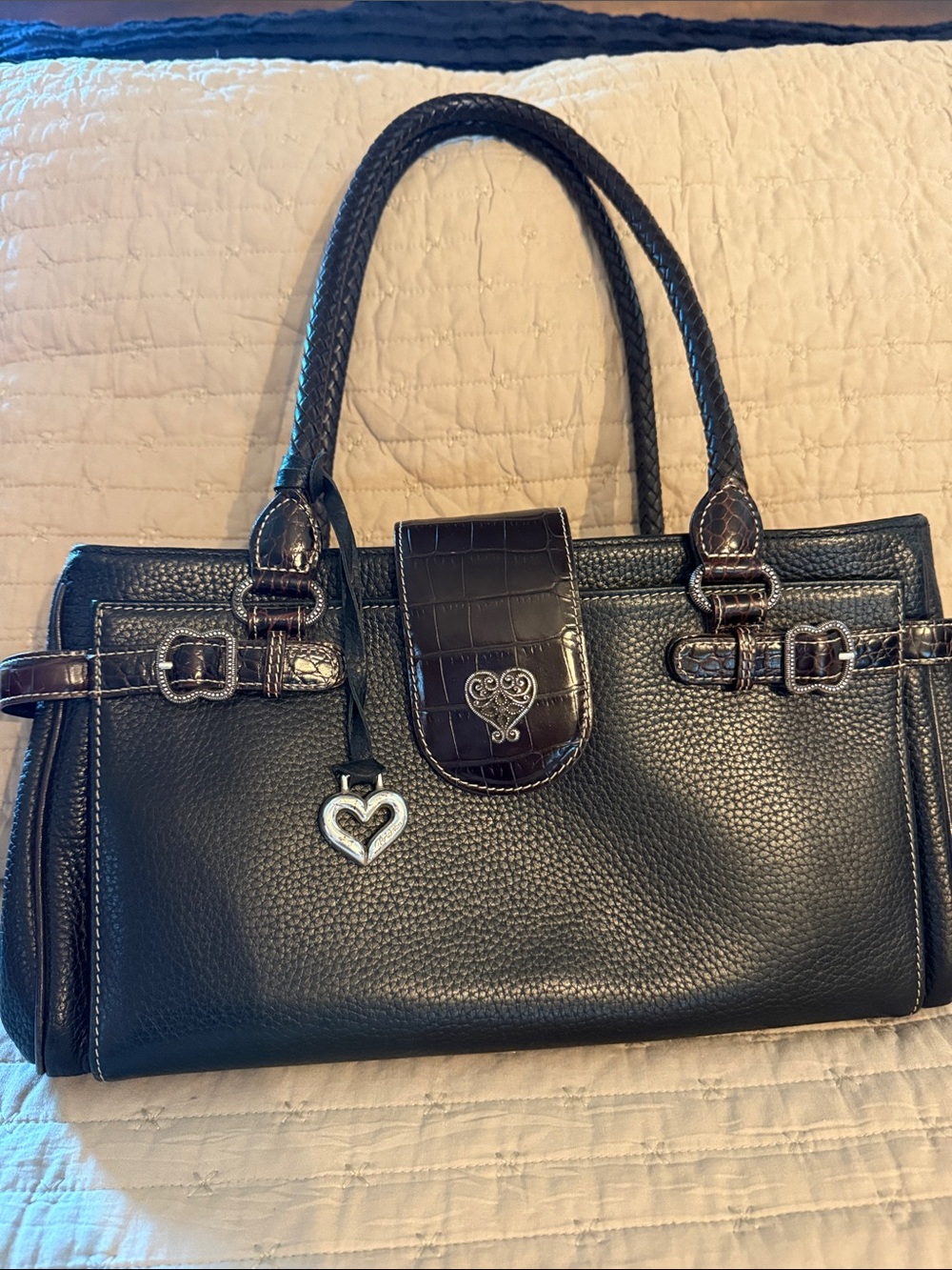 Brighton Black Leather Tote Bag with Heart Charm